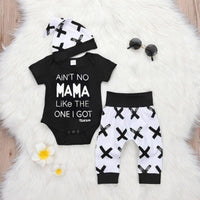 Baby Boy 3pcs Ain't no mama like the one i got letter print Romper+ Pants+ Hat Outfits Set - 4 Seasons Family